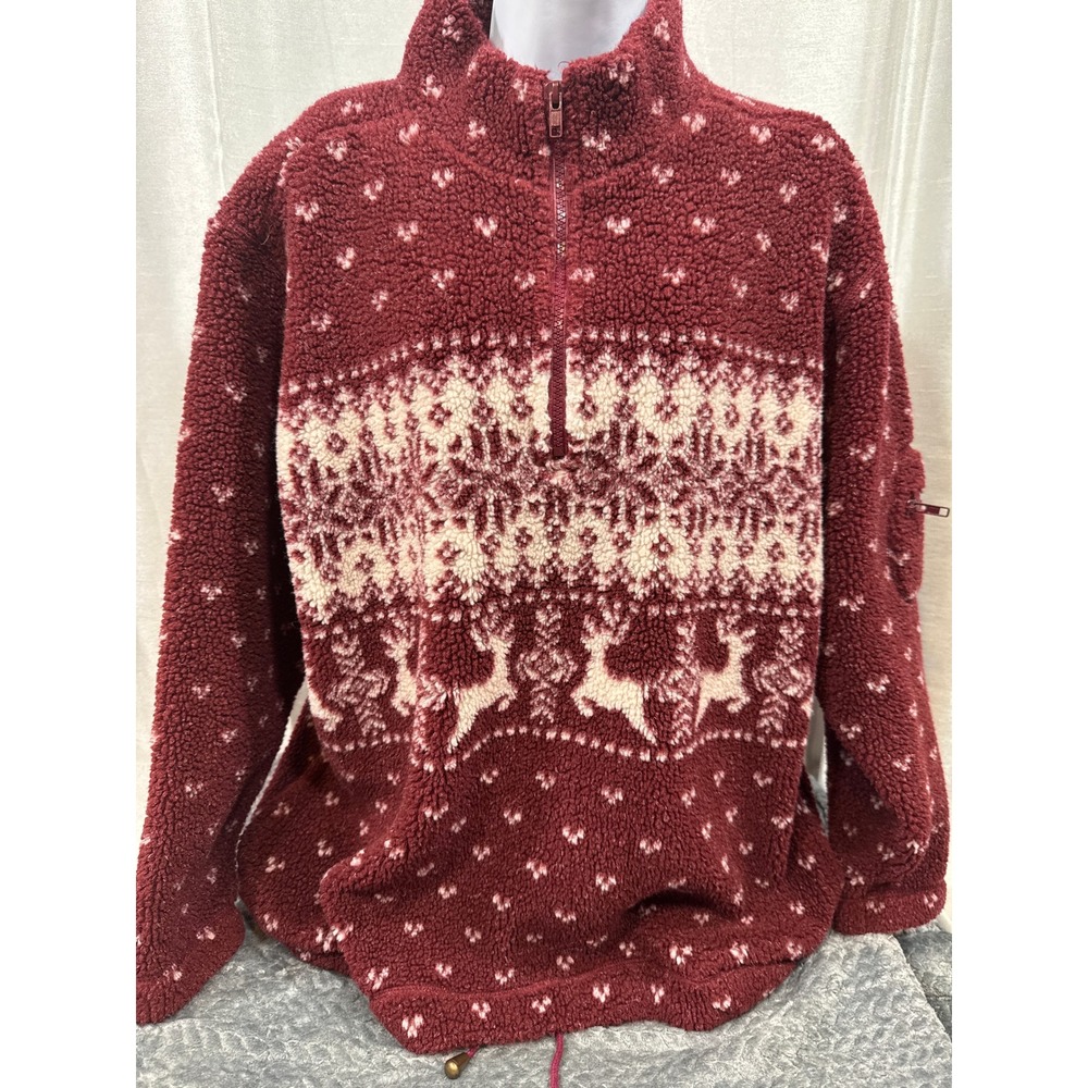 VTG Cherokee Womens Fair Isle Reindeer Sherpa Fleece quart Zip Pullover Burgundy